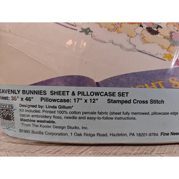 Bucilla Heavenly Bunnies Stamped Cross Stitch Kit Sheet & Pillowcase Set 41088 - Picture 3 of 4